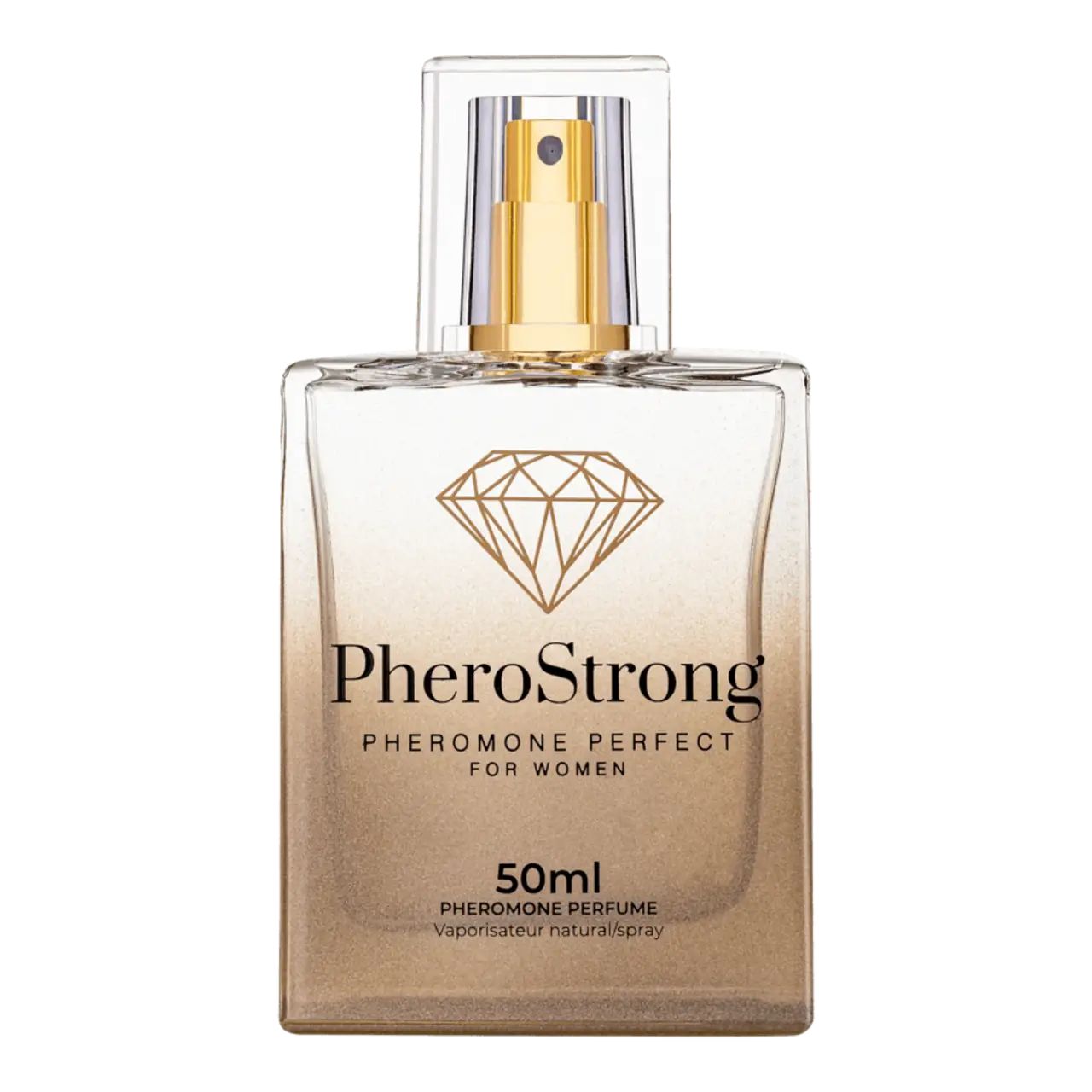 Parfümflasche mit Sprühkopf. Aufschrift PheroStrong, Pheromone Perfect für Frauen. 50ml.