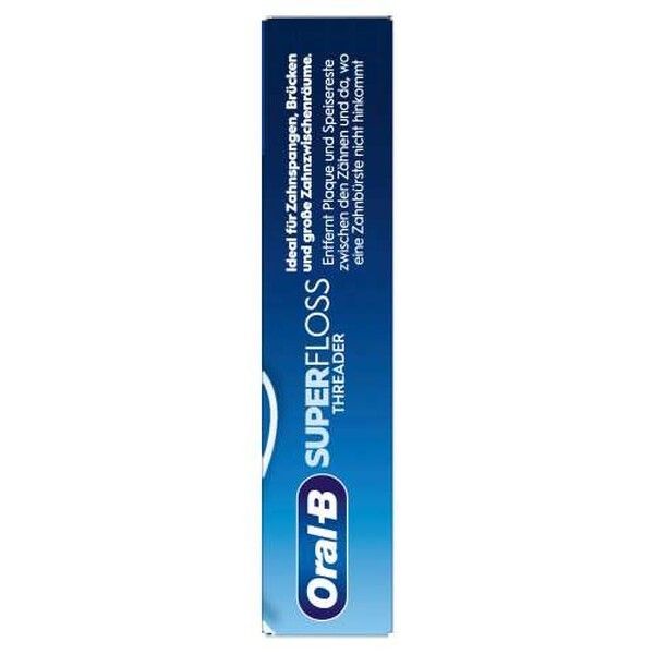 Oral-B Superfloss Threader Packung mit 50 Zahnseidenfäden. Vorderseite mit Produktmerkmalen und Logo.