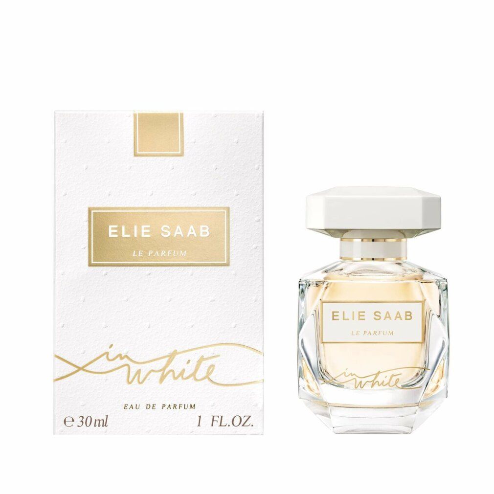 Parfümflakon und Verpackung. Flakon mit weißem Deckel, goldfarbenen Details. Verpackung: ELIE SAAB LE PARFUM in white.