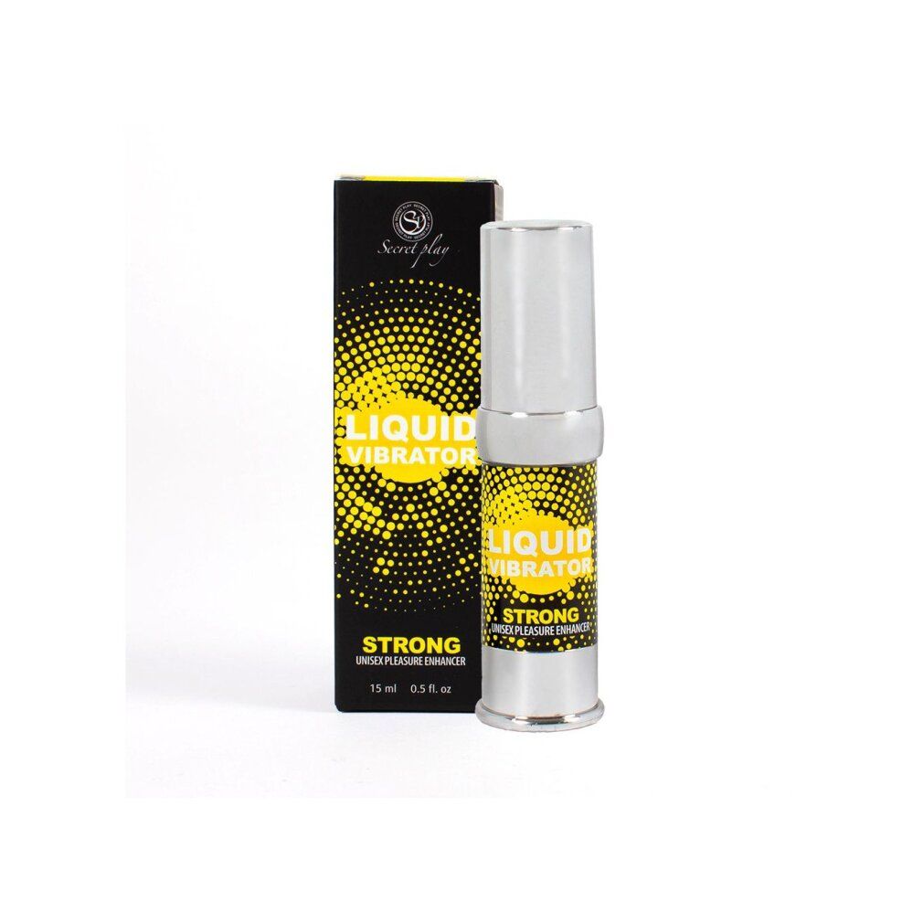 Schwarze Verpackung und silberfarbener Behälter mit gelber Aufschrift "LIQUID VIBRATOR STRONG".