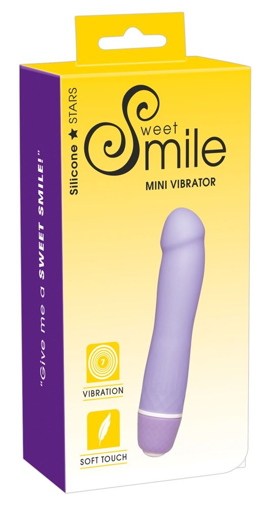 Lila Vibrator mit Verpackung. Auf der Verpackung steht "Sweet Smile Mini Vibrator".