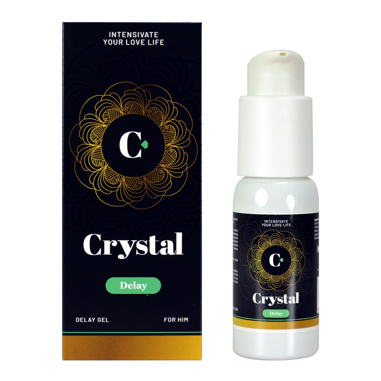 Verpackung und Flasche. Verpackung: schwarz mit goldenem Muster, Text "Crystal Delay". Flasche: weiß, "Crystal Delay".