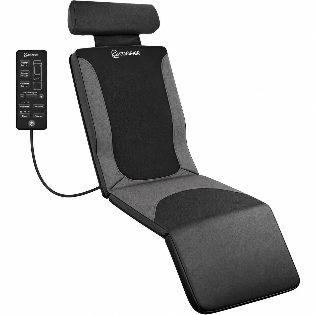 Schwarzes Shiatsu-Massagegerät mit Nackenrolle und Fernbedienung.
