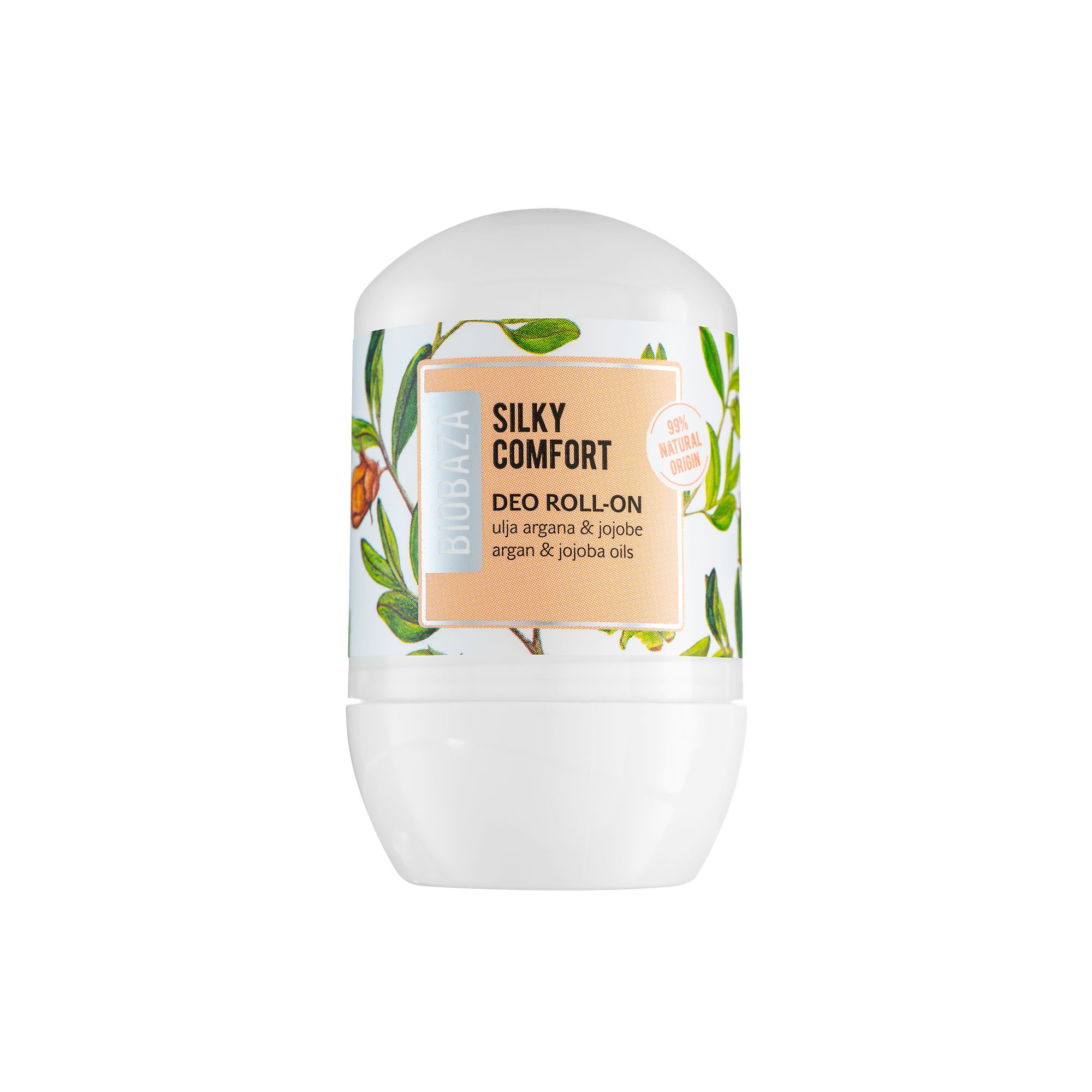 Weißer Deo Roll-on mit Etikett. Aufschrift: Silky Comfort, Deo Roll-on, Argan- und Jojobaöle. Grün-beige Etikett.
