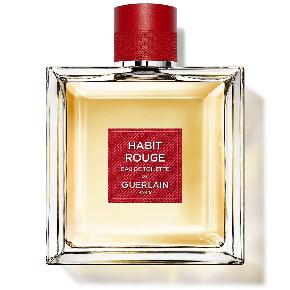Quadratischer Glasflakon mit rotem Verschluss. Rotes Etikett mit weißer Schrift: Habit Rouge, Eau de Toilette, de Guerlain.