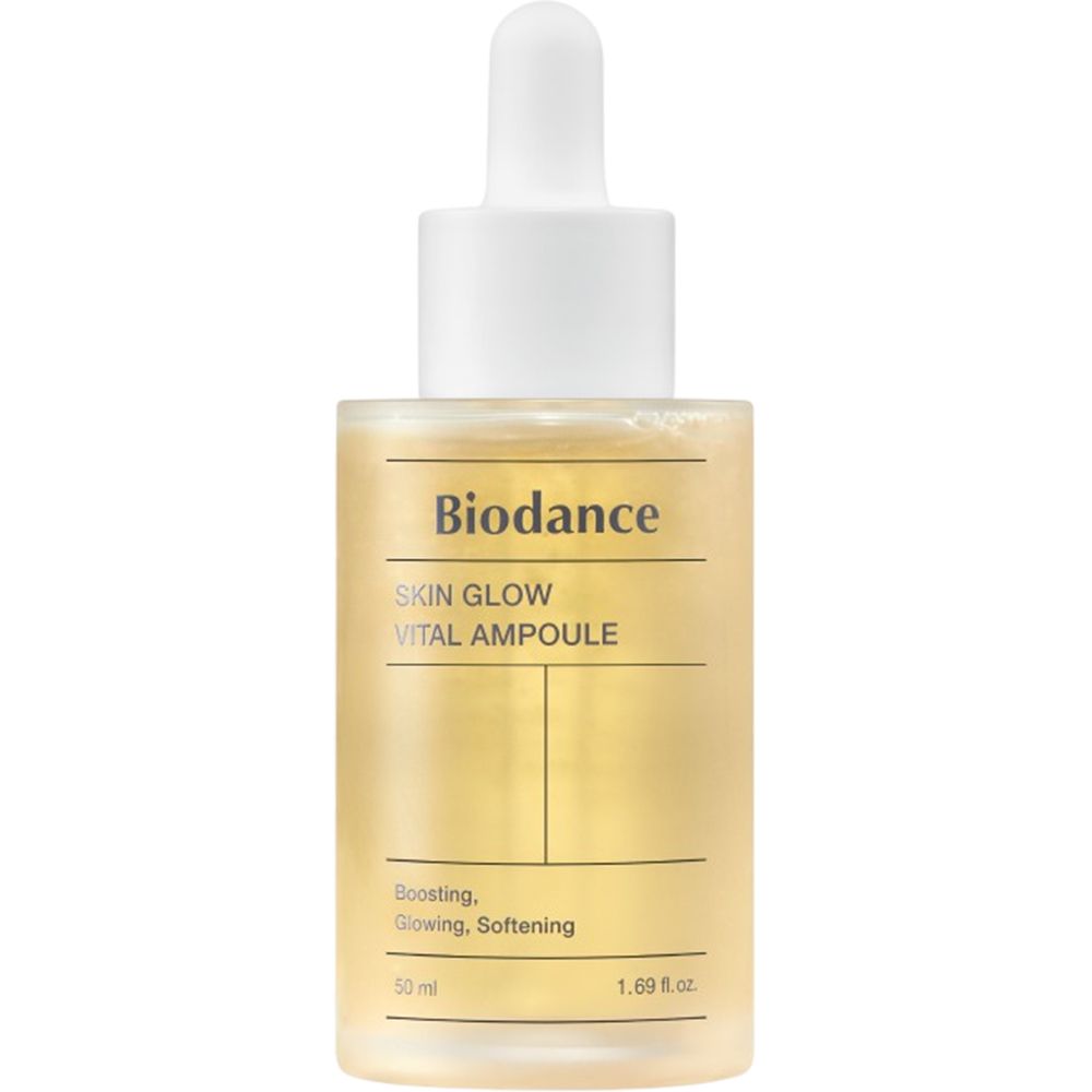 Serumflasche mit Pipette. Aufschrift: Biodance Skin Glow Vital Ampoule. Enthält 50 ml.