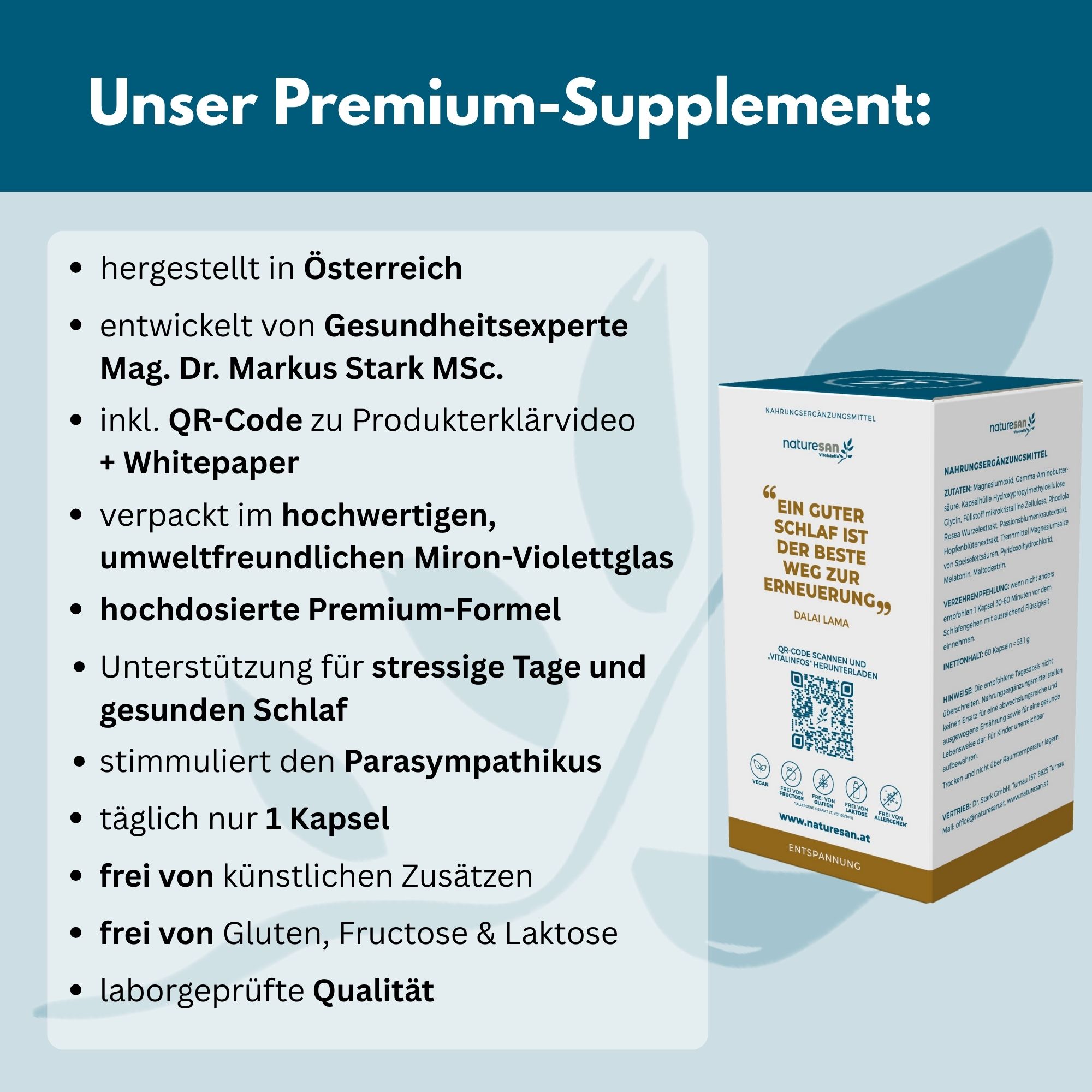 Text mit Informationen über das Premium-Supplement. QR-Code, Whitepaper, hergestellt in Österreich, laborgeprüfte Qualität.