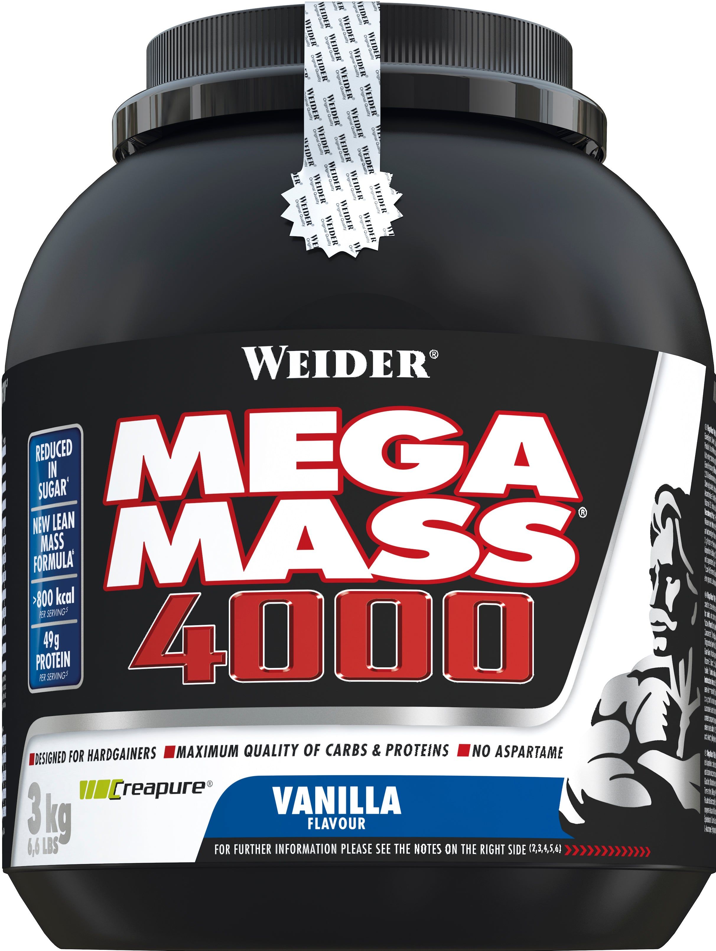 Weider Mega Mass 4000, 3kg, Vanillegeschmack. Schwarz-roter Behälter mit Produktinformationen.
