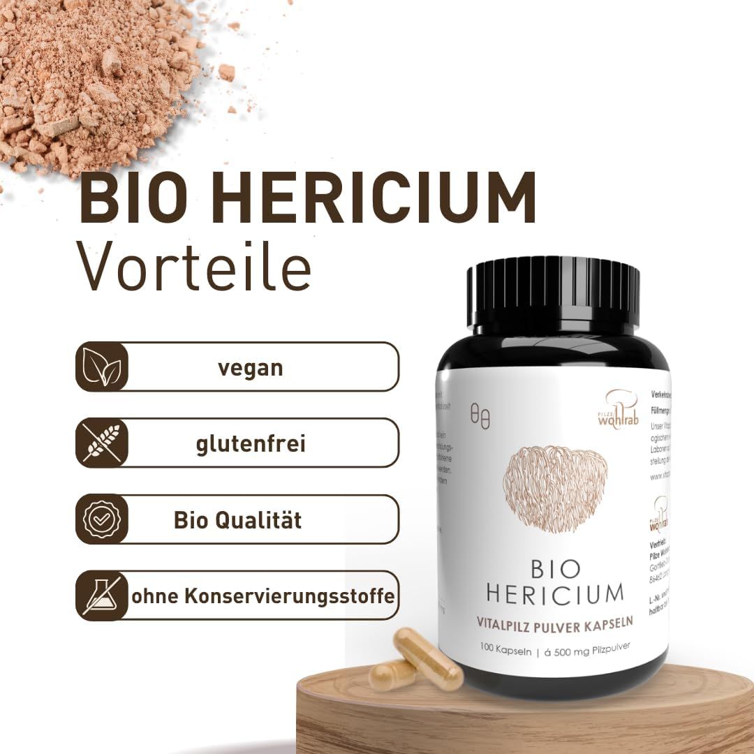 BIO Hericium Vorteile. Vegan, glutenfrei, Bio Qualität, ohne Konservierungsstoffe. Flasche mit Kapseln.