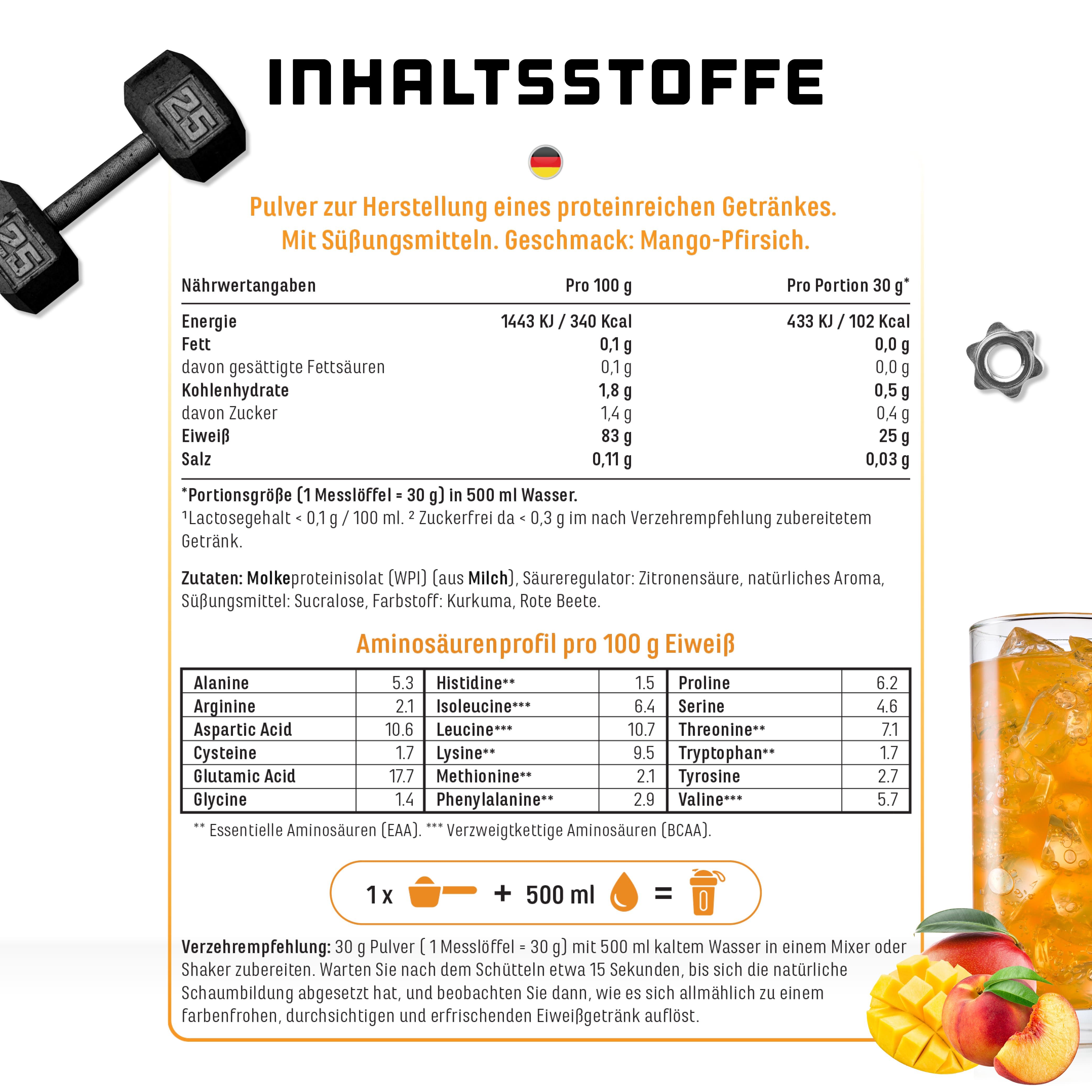 Nährwerttabelle und Zutatenliste für Clear Whey. Enthält Informationen zu Nährwerten pro 100g und pro Portion, sowie Aminosäurenprofil.