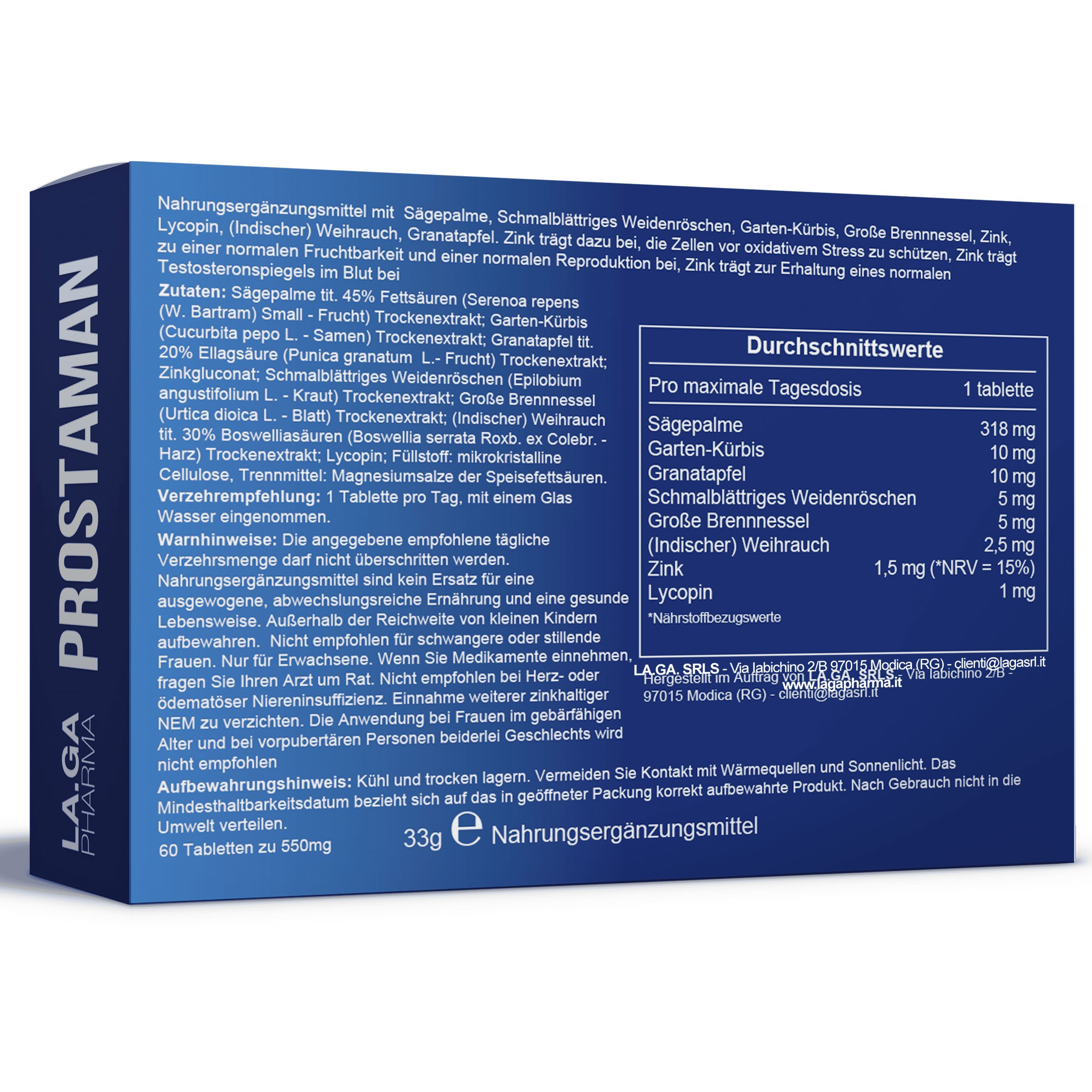 LA.GA Prostaman © Serenoa Repens (Sägepalme) + Kürbis – Prostata-Inhaltsstoff, 60 Tabl.