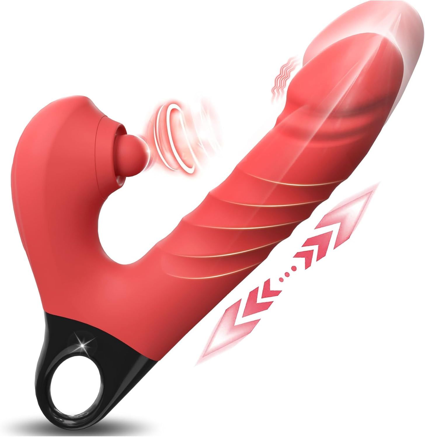 Roter Dildo-Vibrator mit Stoßfunktion. Schwarzer Ring. Pfeil zeigt Stoßfunktion. Text: 10 Vibrationsmodi.