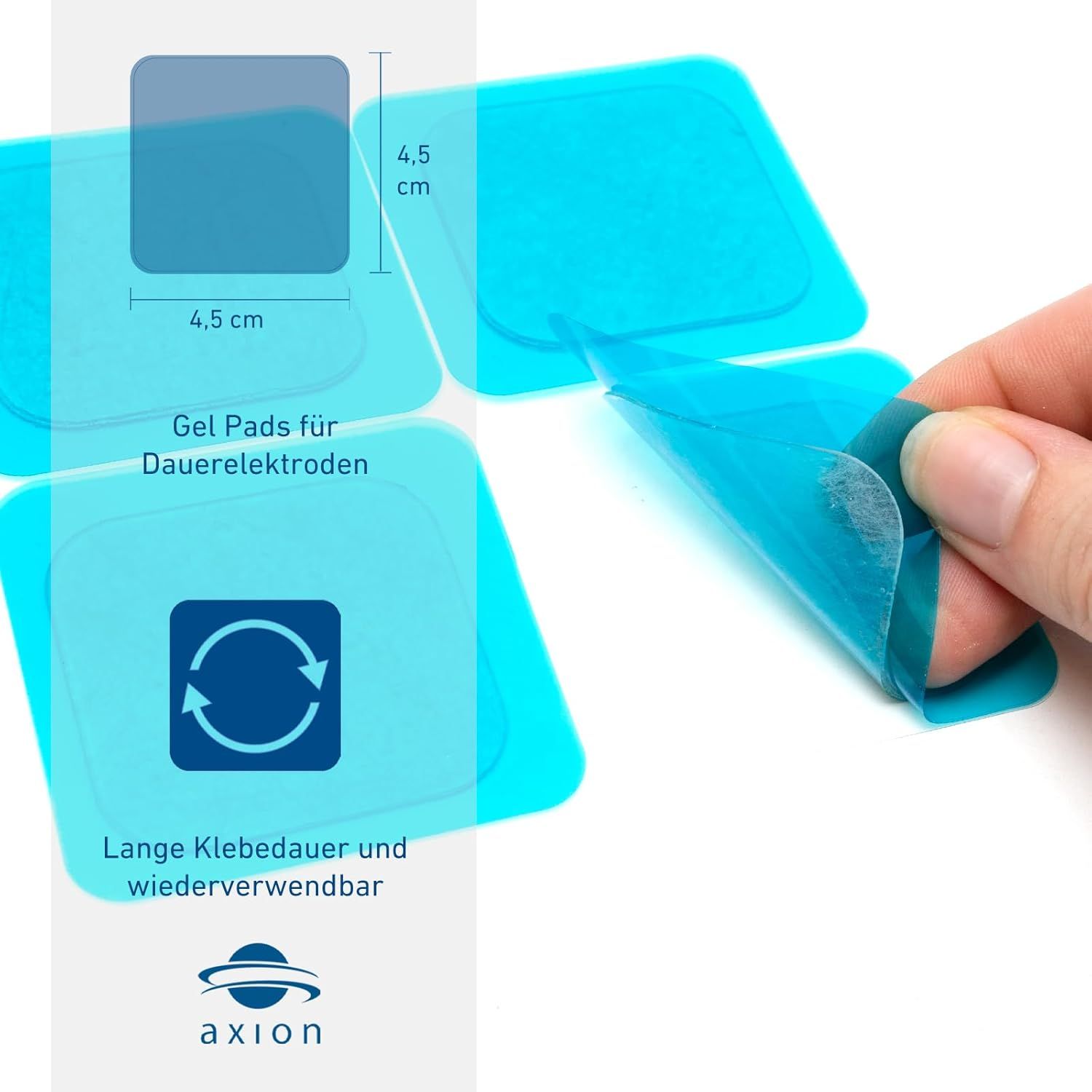 Gel-Pads mit Maßangaben (4,5 x 4,5 cm). Blaue Schutzfolie. axion Logo.