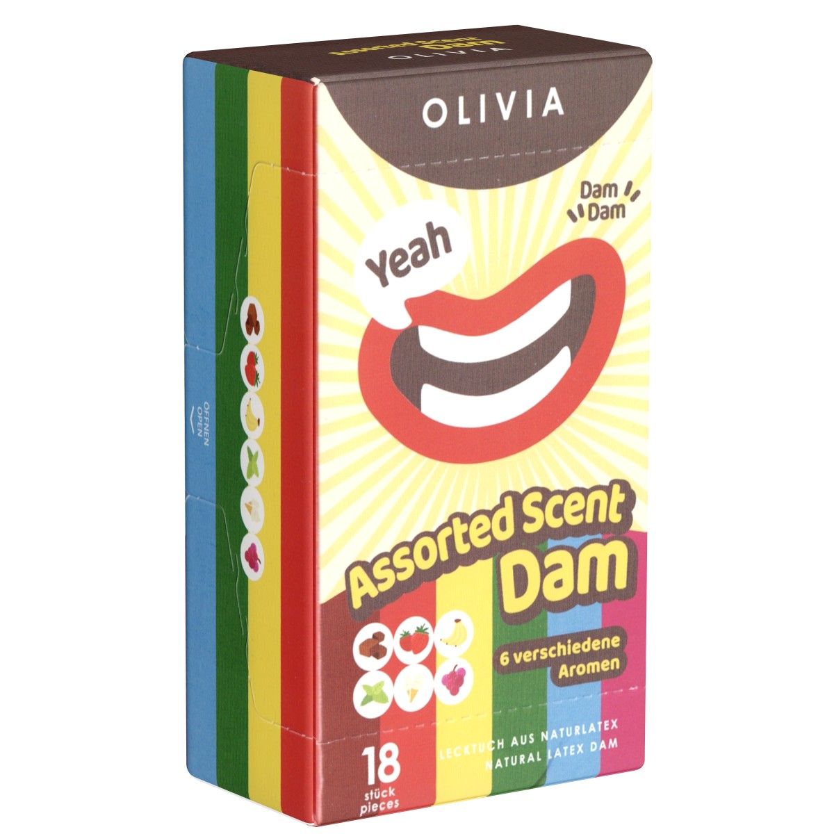 Verpackung von Olivia Dams. Aufschrift "Assorted Scent Dam", 18 Stück, 6 Aromen. Aus Naturlatex.