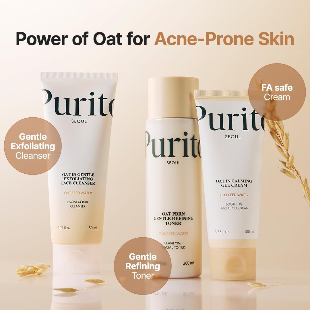 Drei Produkte: Toner, Reiniger und Creme. Aufschrift: "Purito".