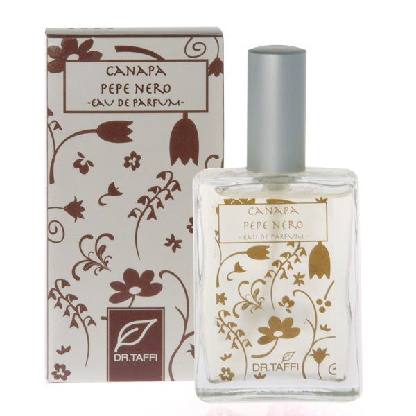 Parfümflakon und Schachtel. Aufschrift: CANAPA PEPE NERO, EAU DE PARFUM. Marke: DR.TAFFI. Floralmuster auf Schachtel und Flakon.