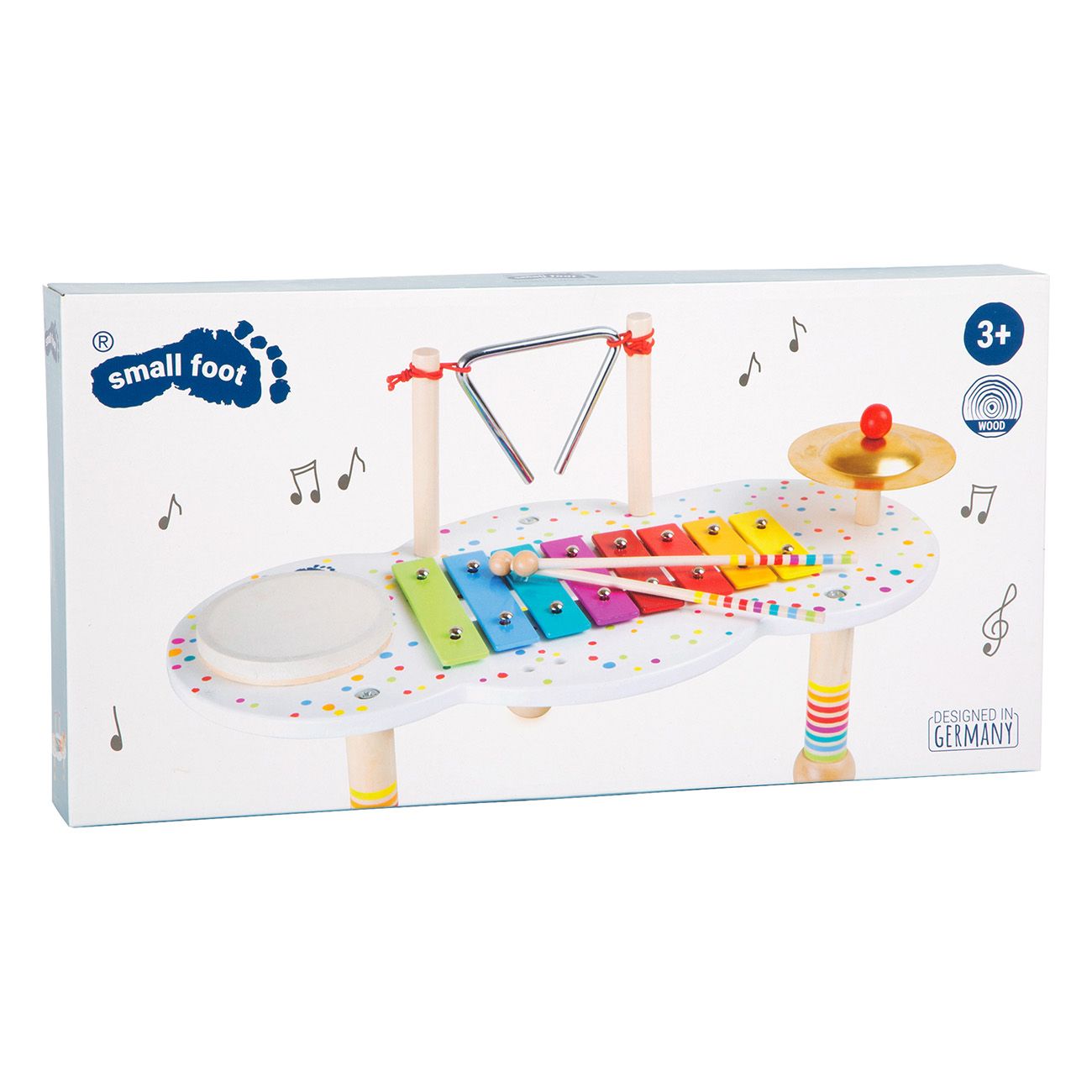 Verpackung mit Musiktisch. Xylophon, Trommel, Becken, Dreieck. Marke: Small Foot. Altersempfehlung: 3+.