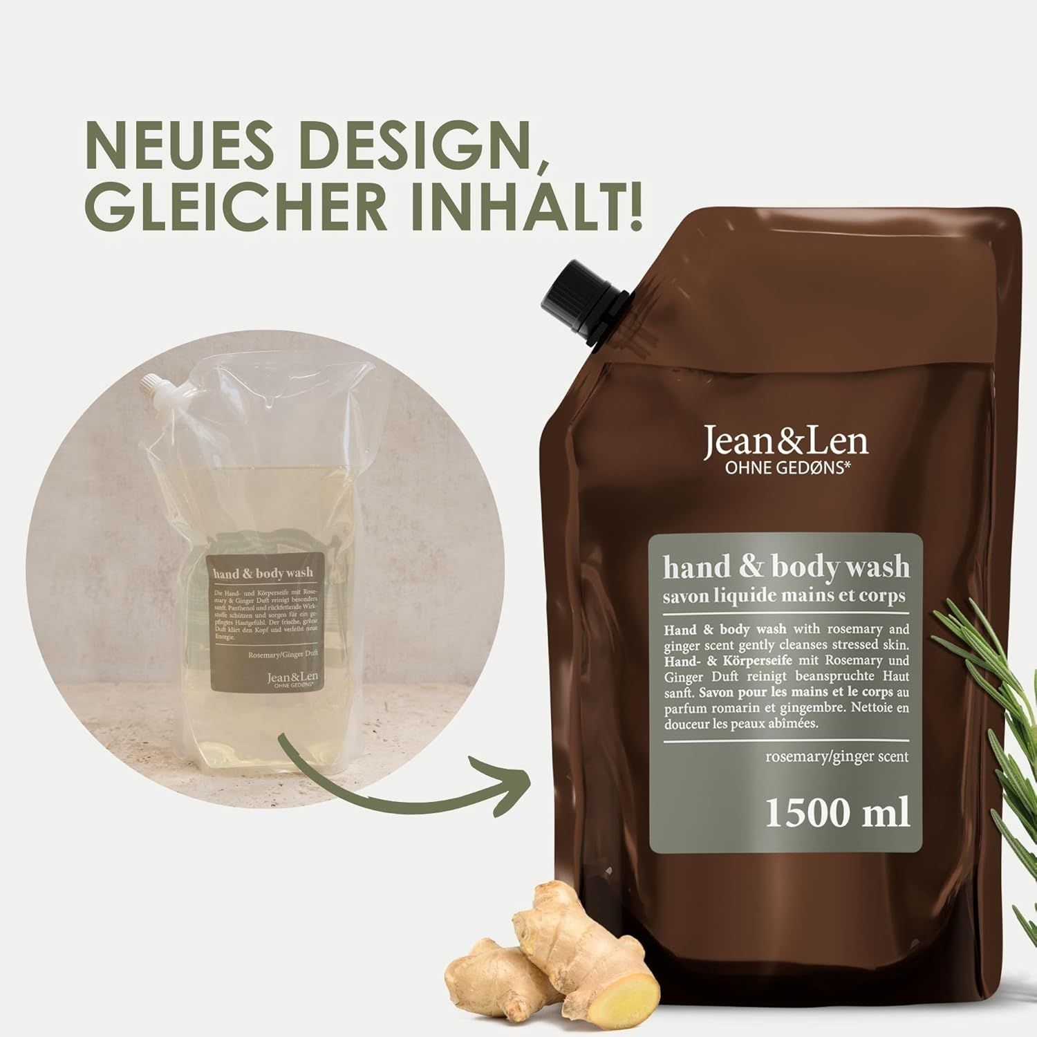 Braune Nachfüllpackung Hand & Body Wash mit 1500 ml. Daneben eine transparente Nachfüllpackung. Ingwer und Rosmarin.