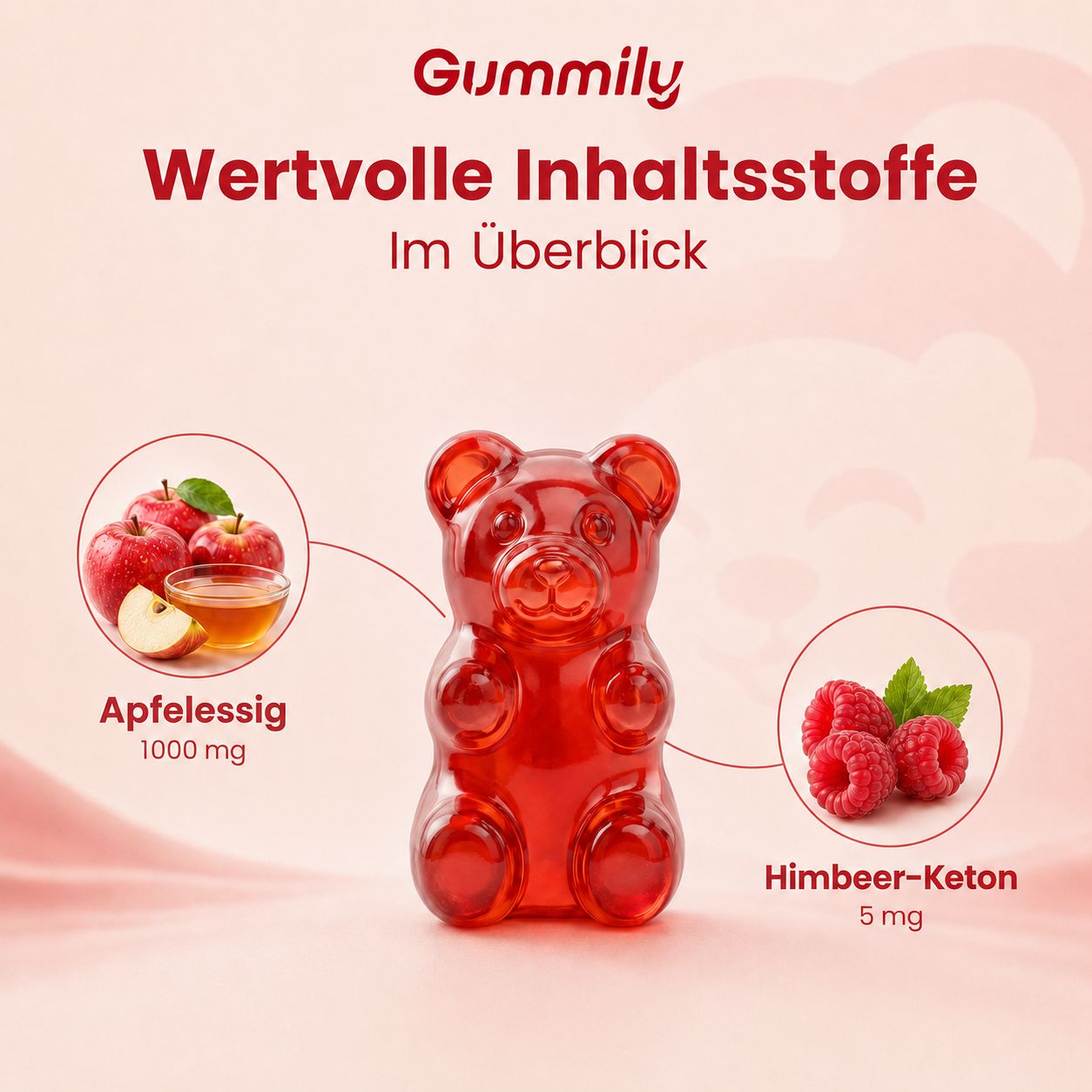 Gummily Apfelessig Gummibärchen: 1000 mg Apfelessig, 5 mg Himbeer-Keton. Rotes Gummibärchen.