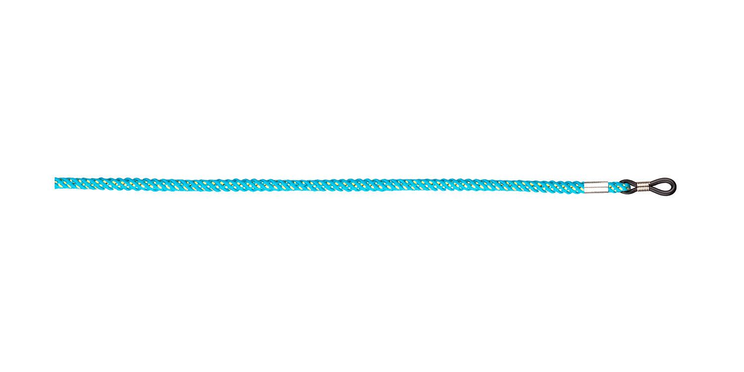 Türkisfarbenes Brillenband. Geflochtenes Seil mit Metallende und Schlaufe zur Befestigung an Brillenbügeln.