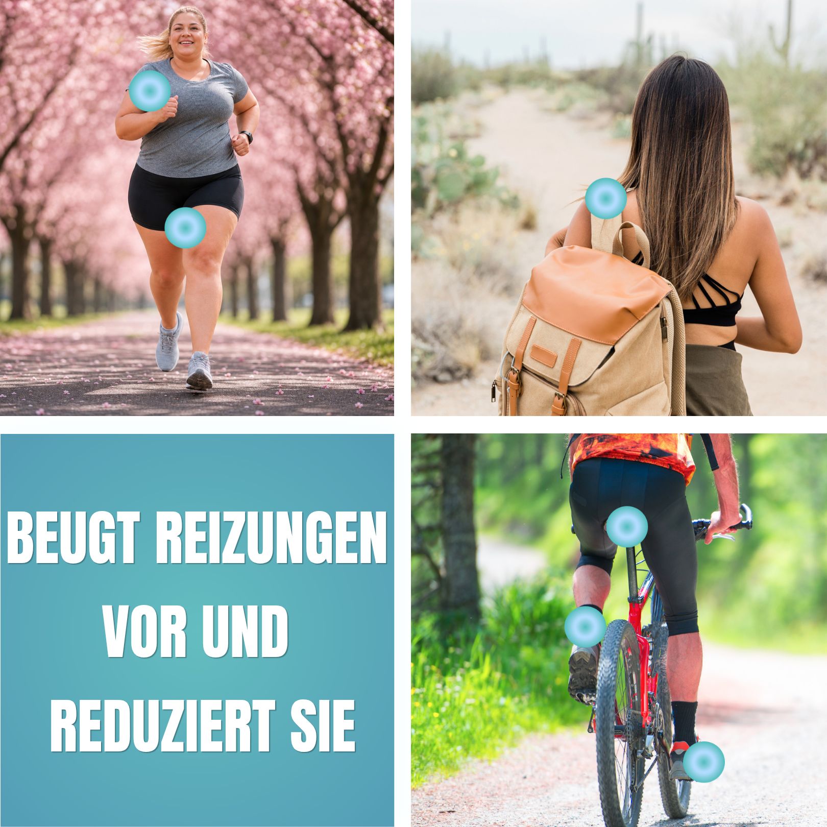 Collage: Läuferin, Wanderin, Radfahrer mit Hervorhebung von Reibungszonen.