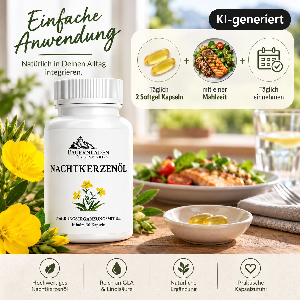 Flasche Nachtkerzenöl Kapseln neben Mahlzeit und Anwendungshinweisen.