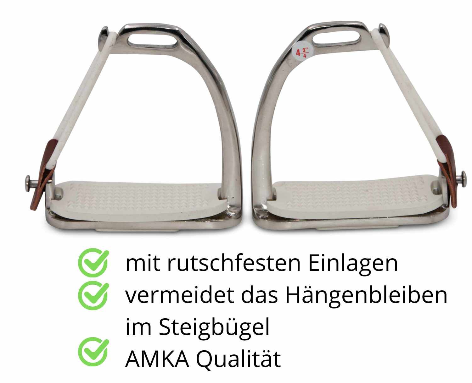 Zwei Edelstahl-Steigbügel mit rutschfesten Einlagen. Text: "mit rutschfesten Einlagen, vermeidet das Hängenbleiben im Steigbügel, AMKA Qualität".