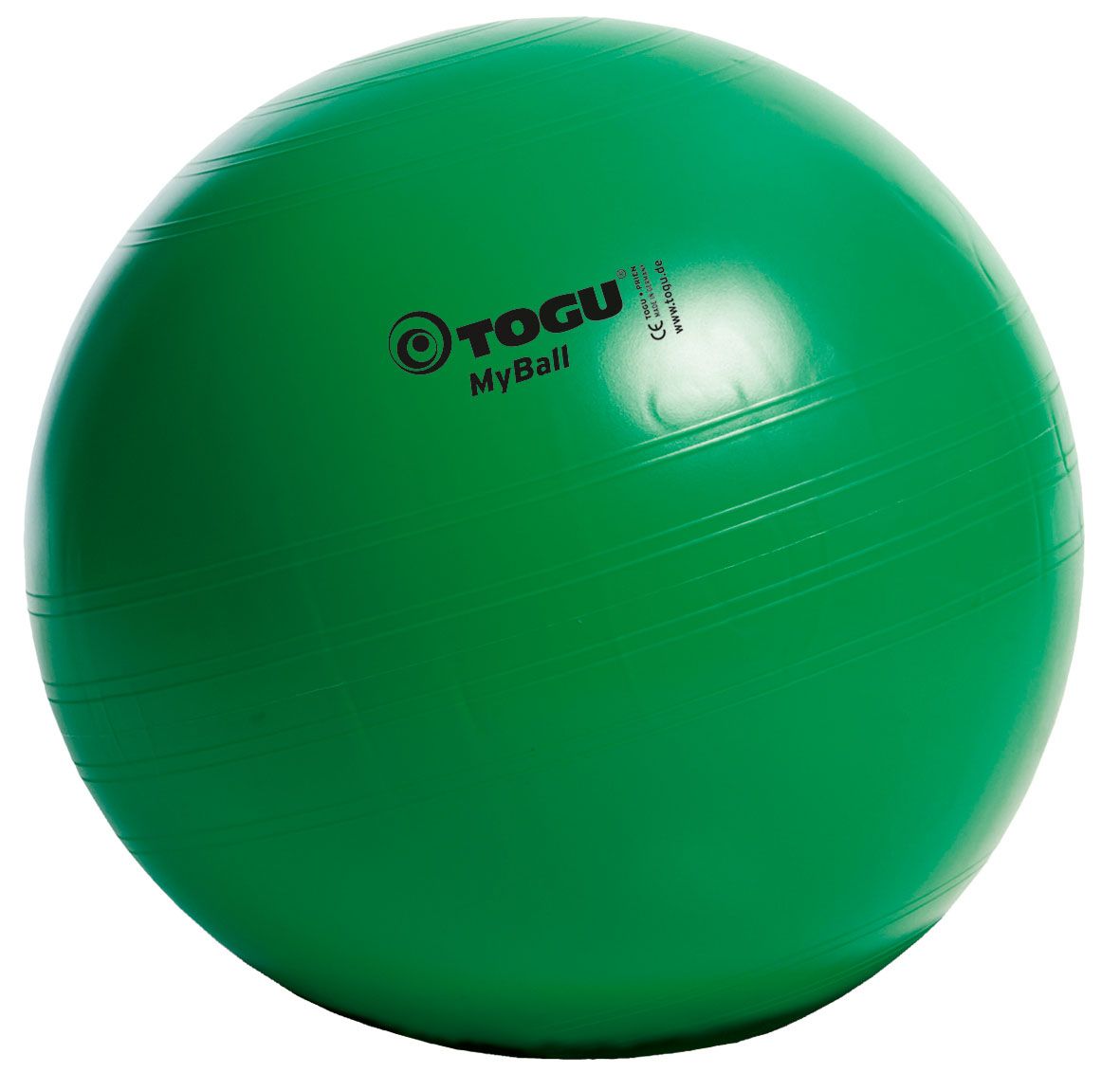 Gr",ner Gymnastikball mit "TOGU MyBall" Logo. Oberfl",che mit feinen Rillen. CE-Kennzeichnung.