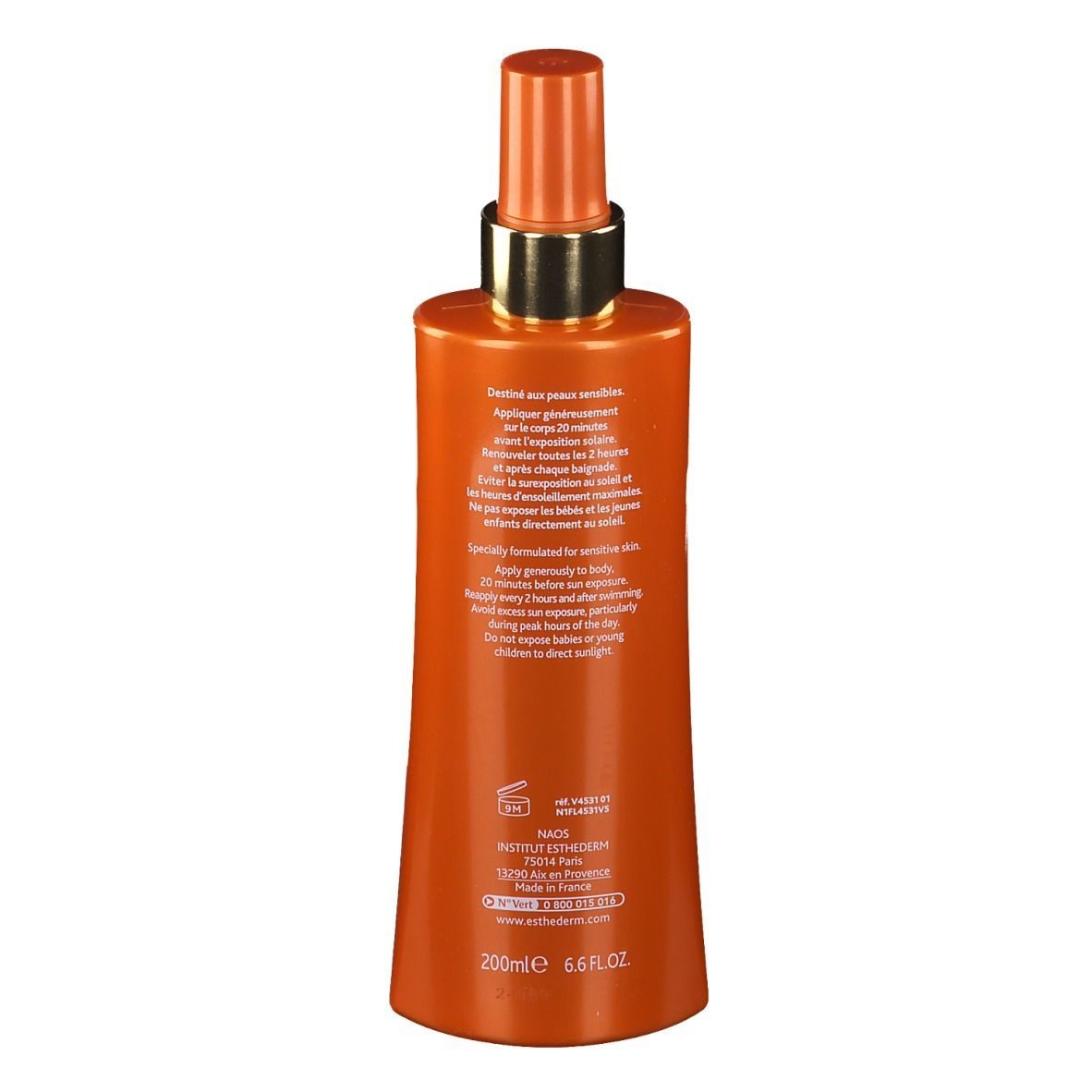 Rückseite einer orangefarbenen Flasche. Text: Anwendungshinweise, 200ml, INSTITUT ESTHEDERM, www.esthederm.com. Symbole für Sonnencreme und Umwelt.