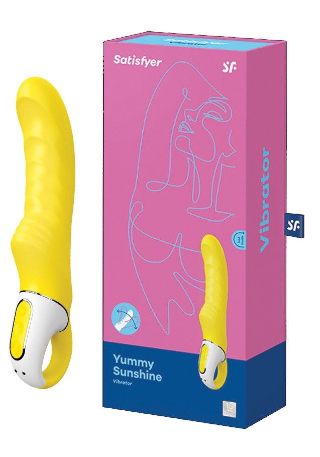 Produktverpackung und Vibrator. Rosa Karton mit Produktabbildung und Schriftzug 'Satisfyer'. Gelber Vibrator.