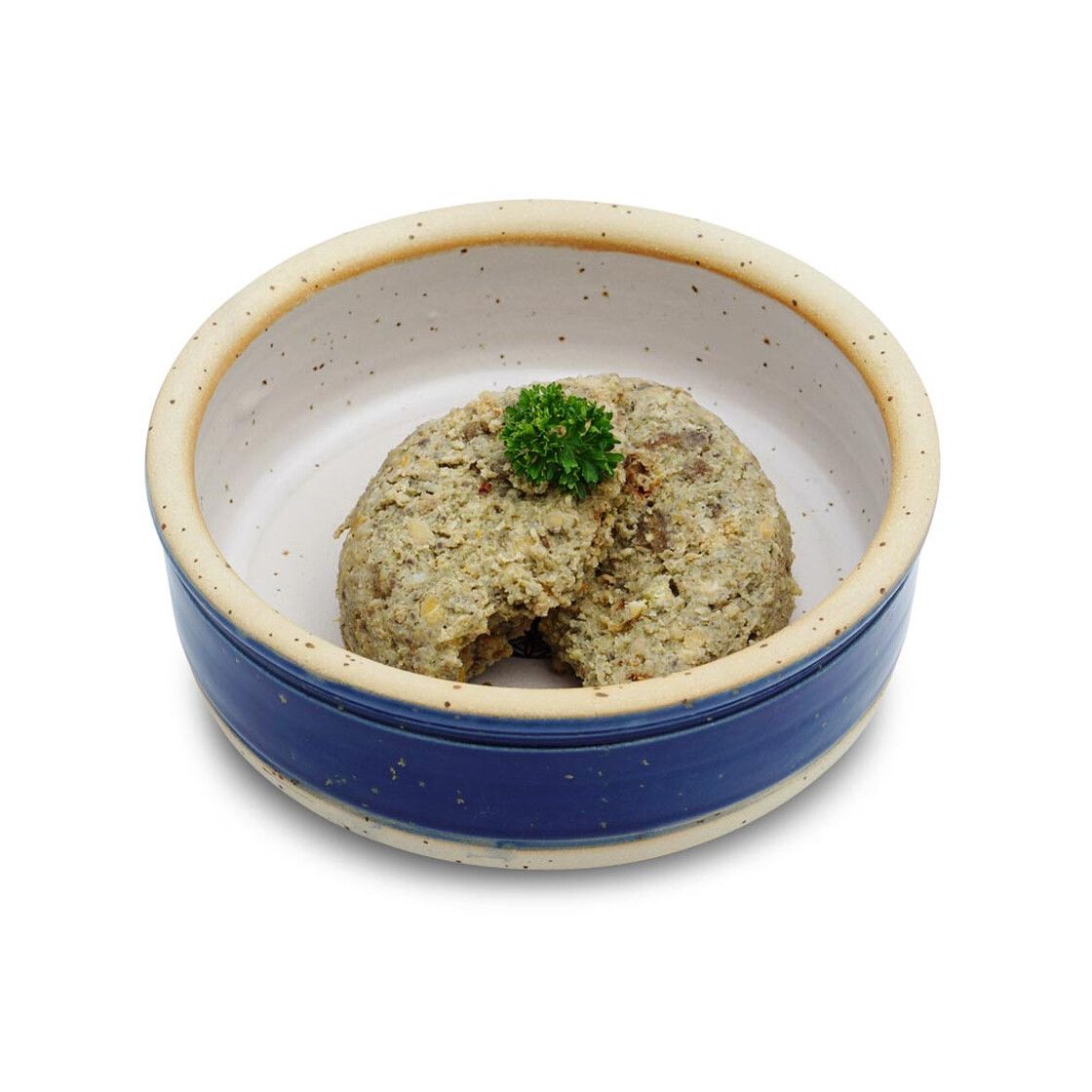 Hundefutter in einer blauen und weißen Keramikschale. Ein grünes Kraut garniert das Futter.
