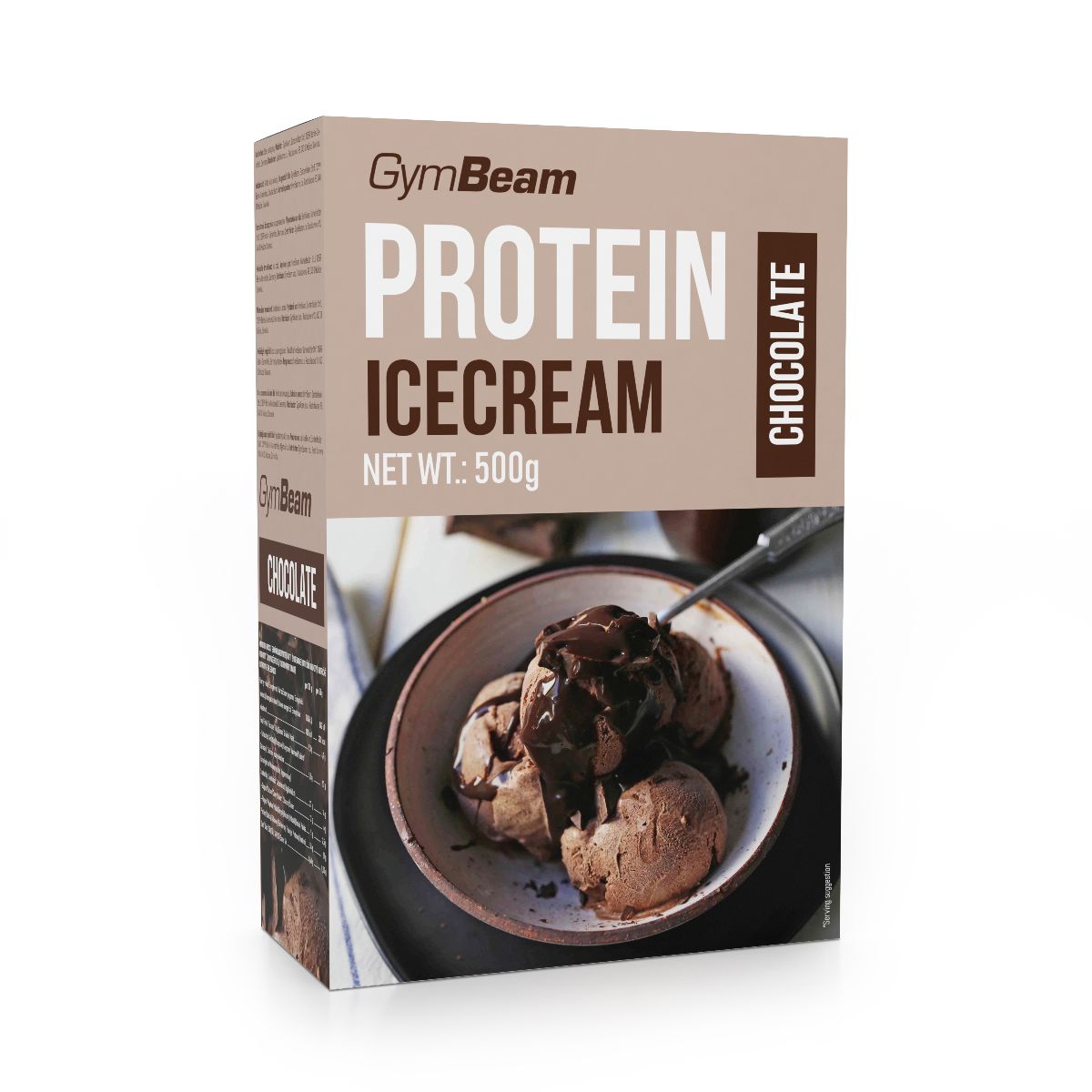GymBeam Protein-Eiscreme Schokoladenpulver, 500g Packung mit Eiscreme-Bild.