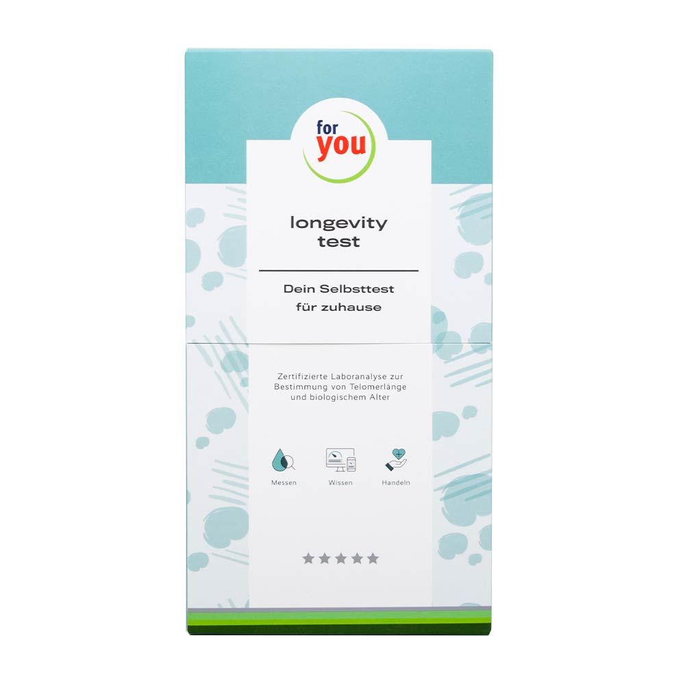 Verpackung des "for you Longevity Test". Aufschrift: Longevity Test, Dein Selbsttest für zuhause. Mit Logos und Sternen.