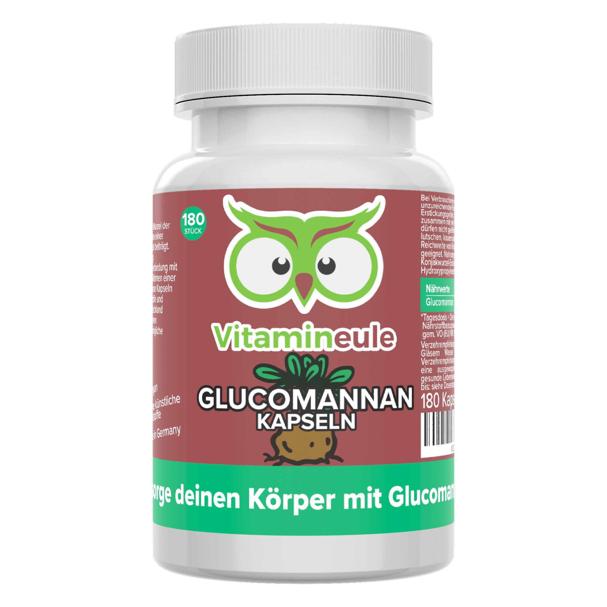 Weiße Flasche mit grünem Etikett. Aufschrift: Glucomannan Kapseln, 180 Stück, Vitamineule Logo.