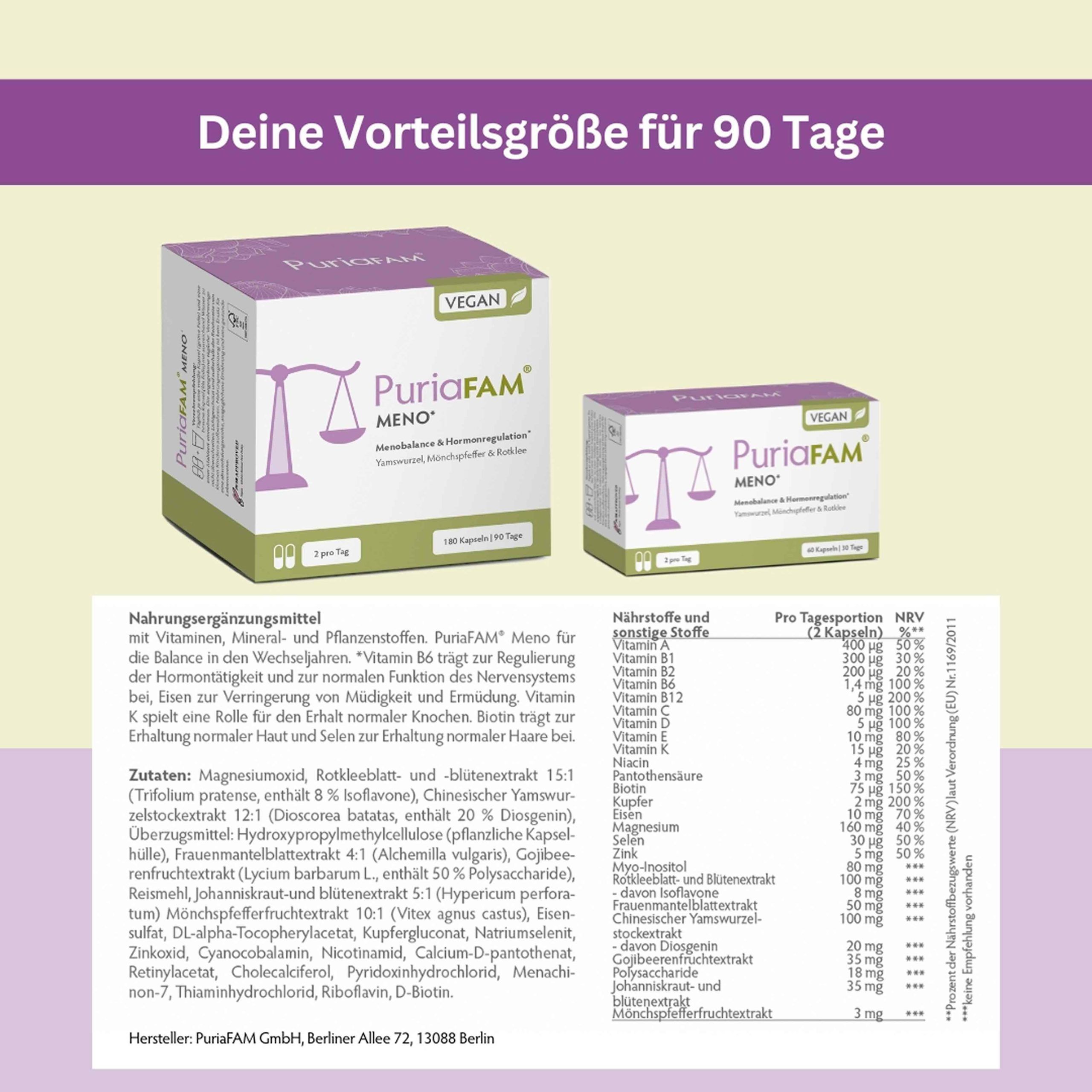 Zwei Schachteln PuriaFAM Meno. Nährwerttabelle. Inhaltsstoffe. 90 Tage. Vegan. Waage-Logo.