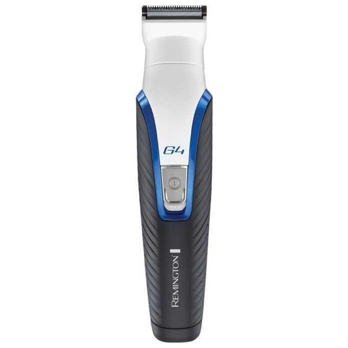 Haar-/Bartschneider, schwarz-weiß-blau. Mit G4-Logo und Remington-Schriftzug. Ein-Aus-Taste. Klingenaufsatz oben.