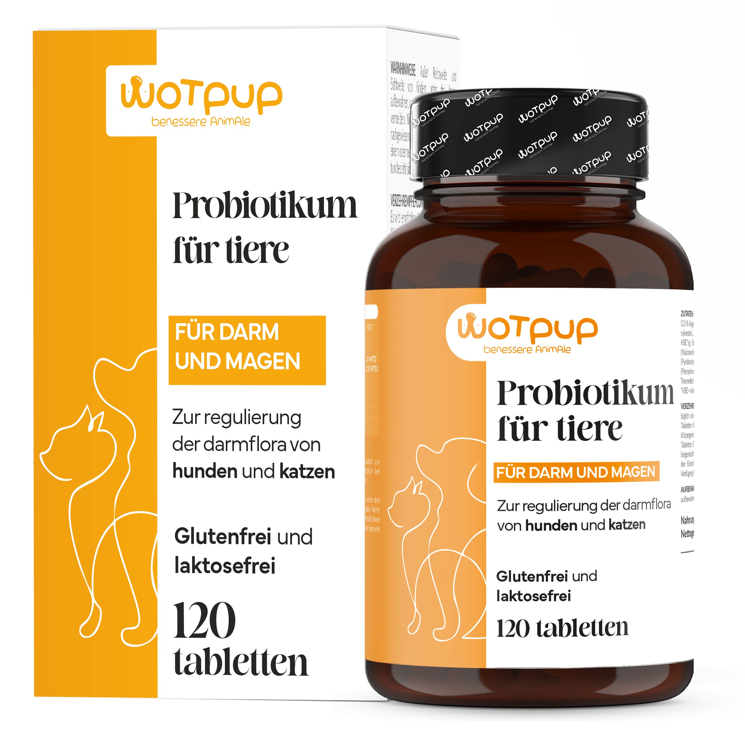 Tablettenflasche und Verpackung. Text: Probiotikum für Tiere, für Darm und Magen. 120 Tabletten. Glutenfrei und laktosefrei.