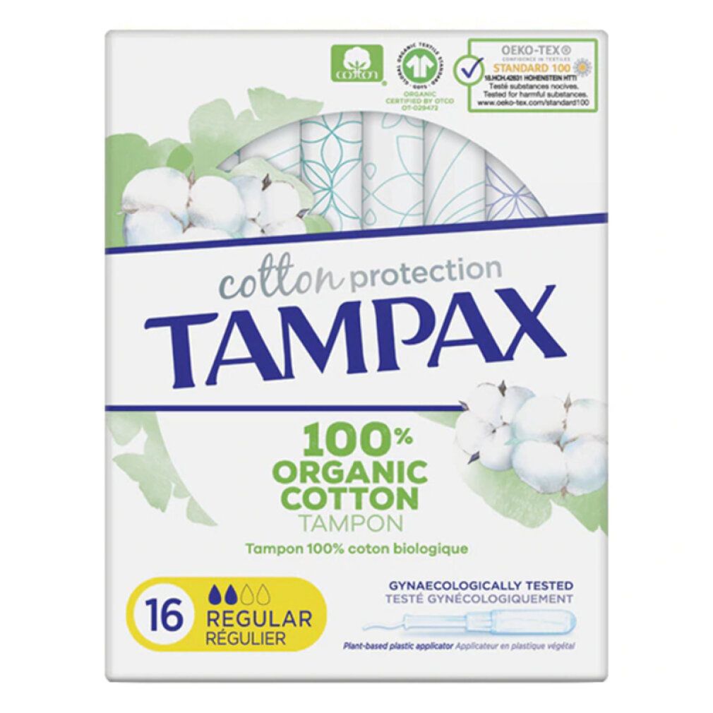 Verpackung mit 16 Tampax Organic Regular Tampons. 100% Bio-Baumwolle. Gynäkologisch getestet. Mit Applikator.
