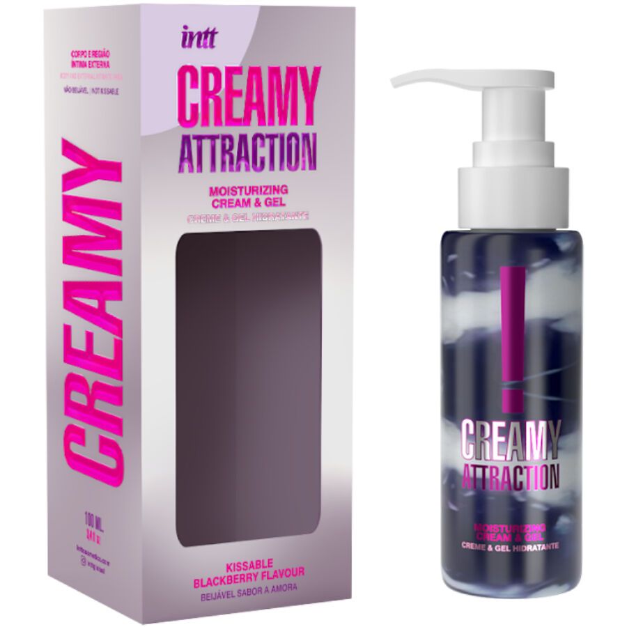 Produkt und Verpackung. "INTT Creamy Attraction" Creme und Gel, Brombeergeschmack. Flasche mit Spender. Produktname und Logo sichtbar.
