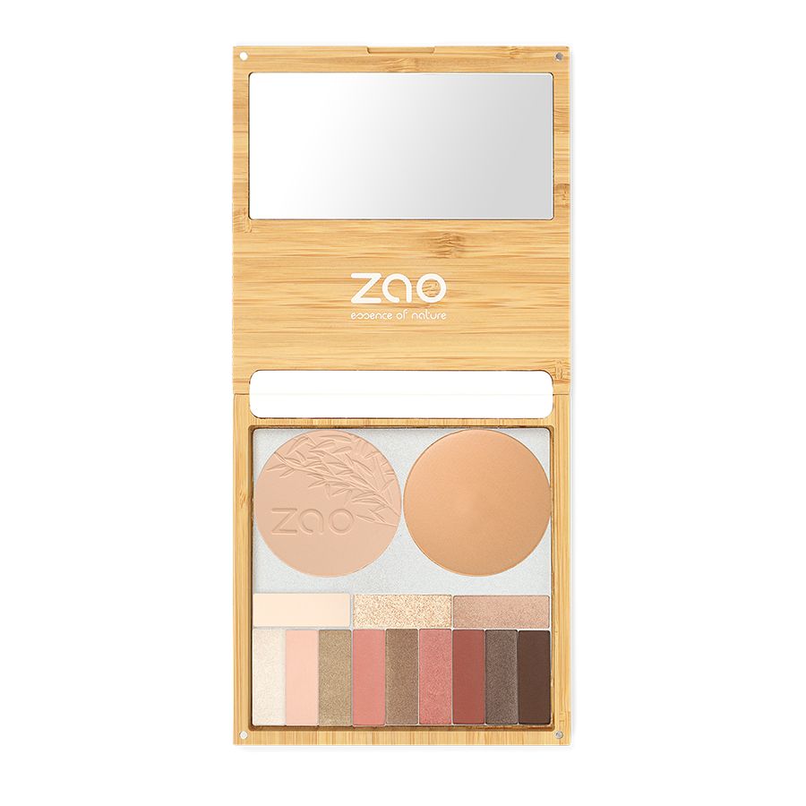 Make-up-Palette aus Bambus mit Spiegel, Puder und Lidschatten. Marke ZAO.