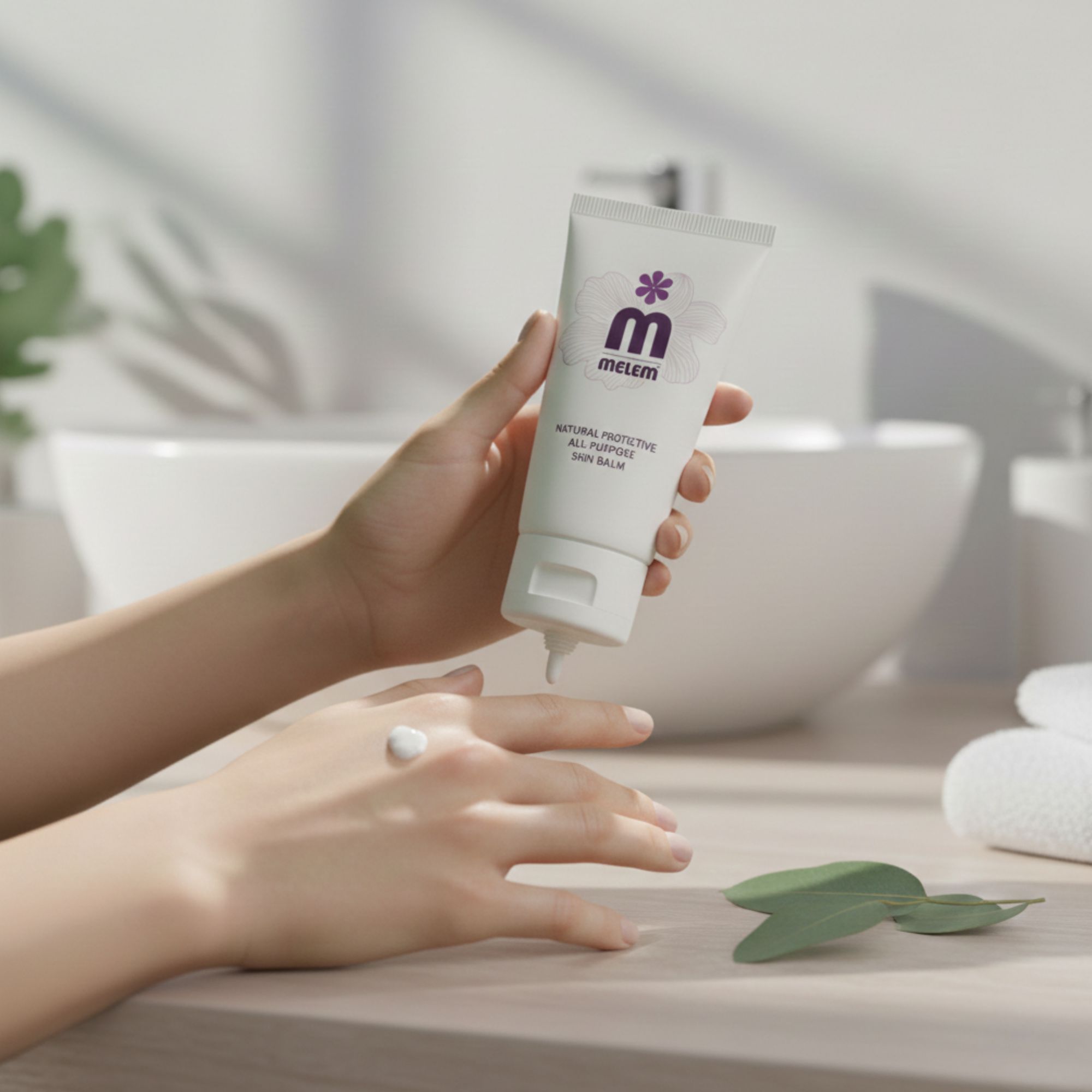 Person hält Tube. Creme wird auf Hand aufgetragen. Tube mit Logo und Text: Melem, Natural Protective All-Purpose Skin Balm.