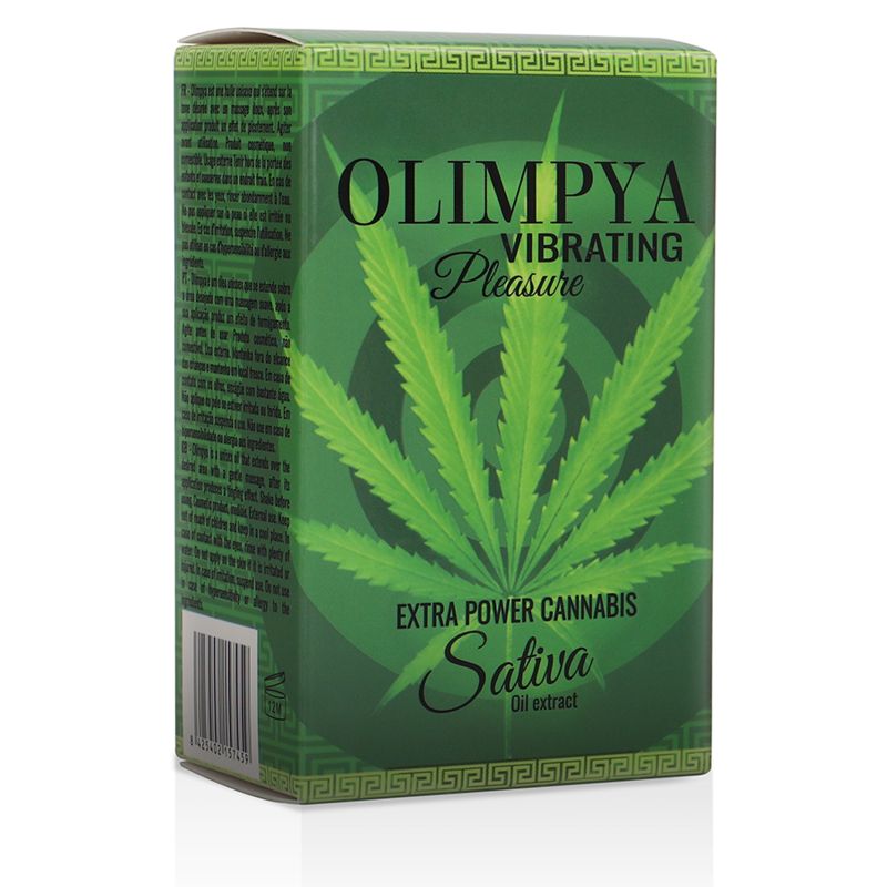 Grüne Produktverpackung. Aufschrift: Olimpya, Vibrating Pleasure, Cannabis Sativa. Hanfblatt-Design. Text auf der Verpackung.