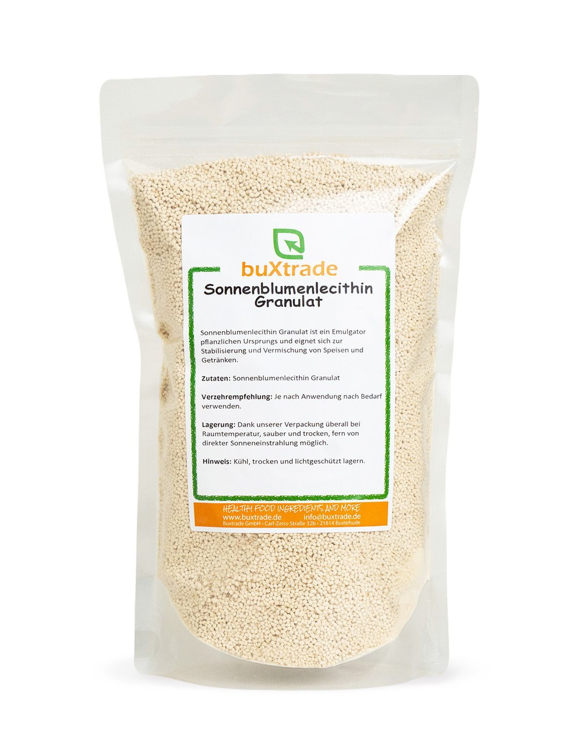 Verpackung mit buXtrade Sonnenblumenlecithin Granulat. Das Granulat ist hellgelb und feinkörnig.