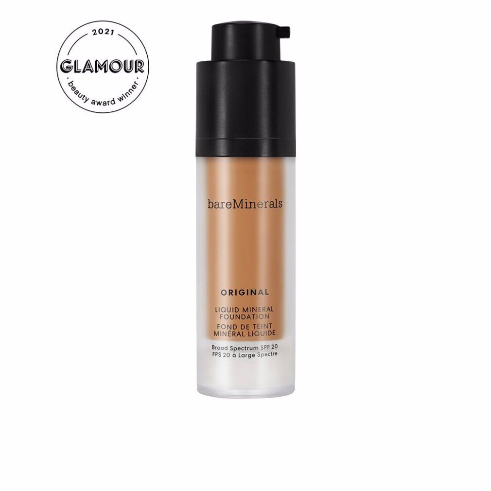Bareminerals Original Liquid Foundation, 24-Neutral Dark shade. Bottle with pump dispenser and SPF 20.