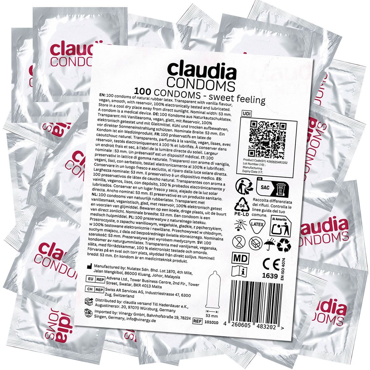 100 Claudia Kondome, Sweet Feeling, transparent, mit Vanilleduft, 53mm Breite.