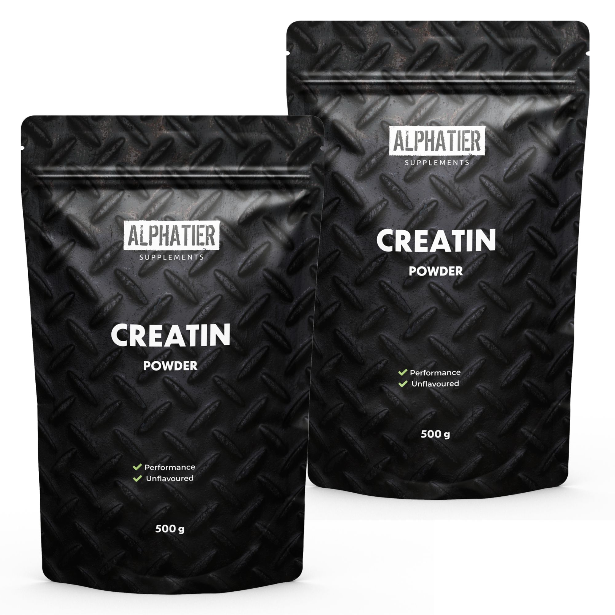 Zwei schwarze Beutel mit Alphatier Creatin Powder. Aufschrift: Creatin Powder, 500 g, Performance, Unflavoured.