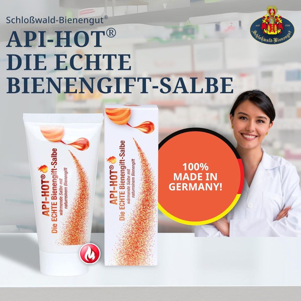 API-HOT® Bienengift-Salbe und Schachtel.  Frau im Laden.  100% Made in Germany. Wärme-Symbol.