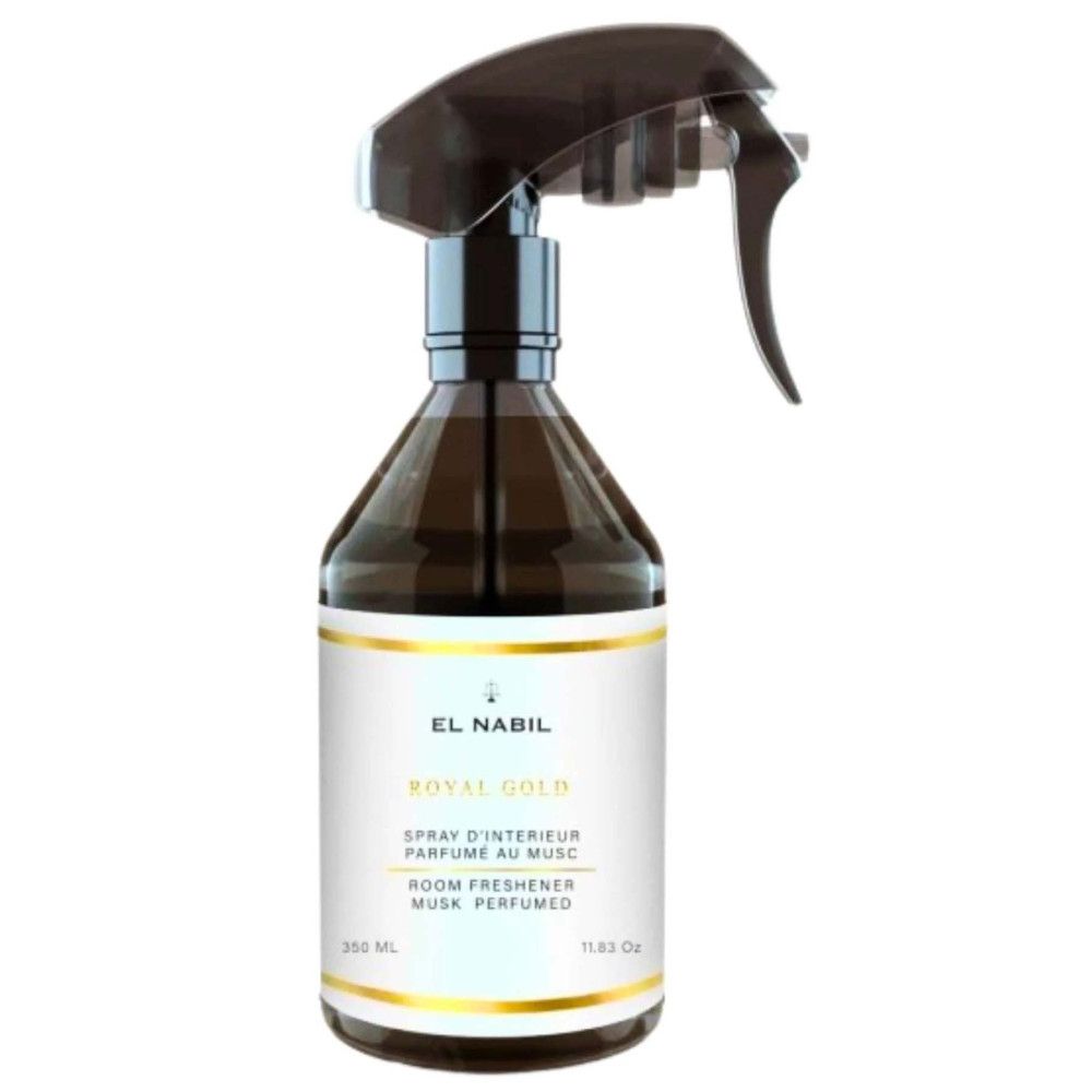 Braune Sprühflasche mit schwarzem Sprühkopf. Etikett mit Produktnamen und Text. Marke: El Nabil. Produkt: Royal Gold. Text: Raumduft, Moschus.