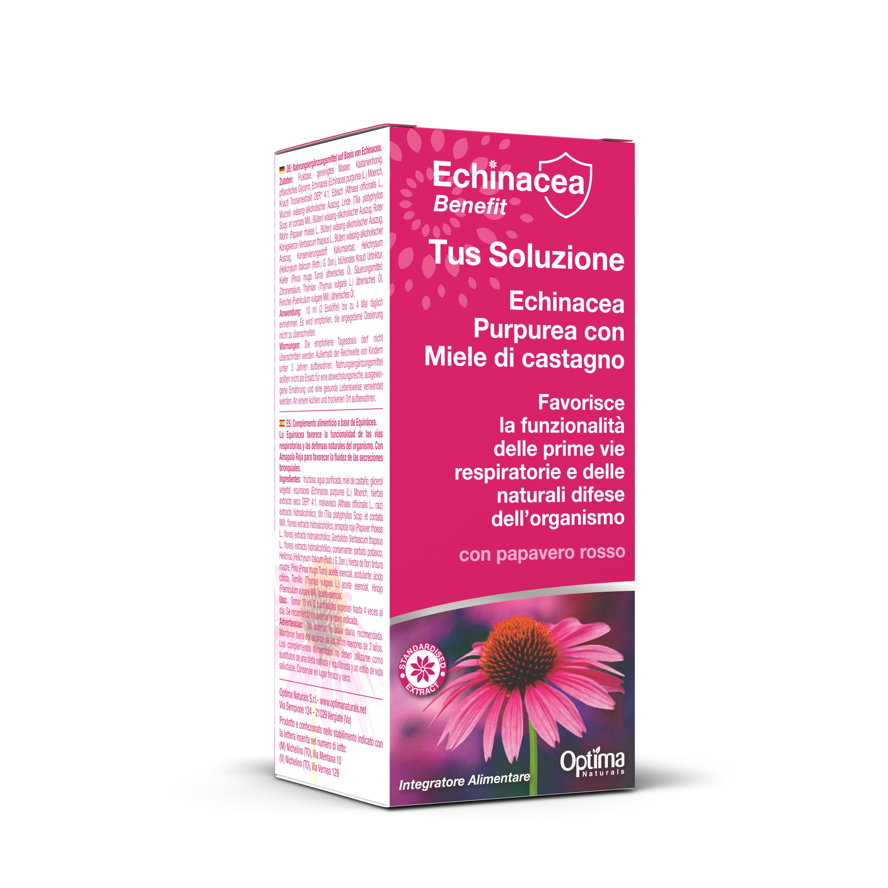 Echinacea Benefit Tus Soluzione Kartonverpackung mit Echinacea-Blüte und Text.