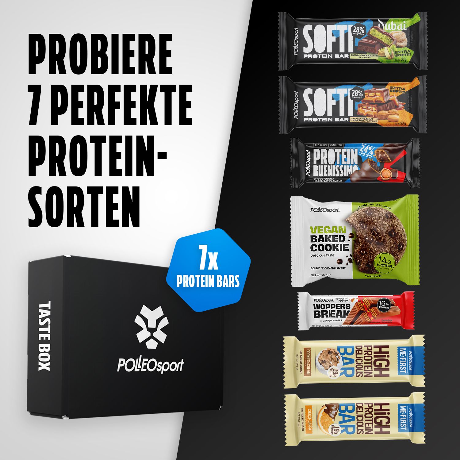 Schwarze Box mit Aufschrift Taste Box und PolleoSport Logo. 7 Proteinriegel, darunter Vegan Baked Cookie, High Protein Bar. Blaue Aufkleber.